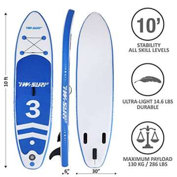 Inflatable Stand Up Paddle Board SUP Comes with High Pressure Pump with Gauge/Adjustable Paddle/Big Durable Backpack, 10"x30"x6" Wakeboards Surfboard Longboards Longboards (Dark Blue, 10'x30 x6)