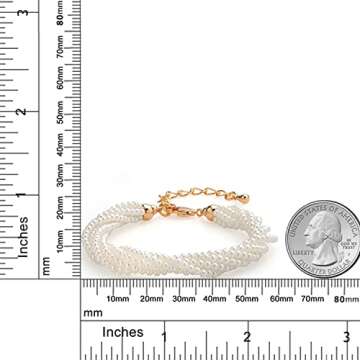 Gem Stone King 18K Yellow Gold Plated 6 Row Twisted Dangling Imitation Pearl Bracelet For Women (7 Inch + 2 Inch Extender)