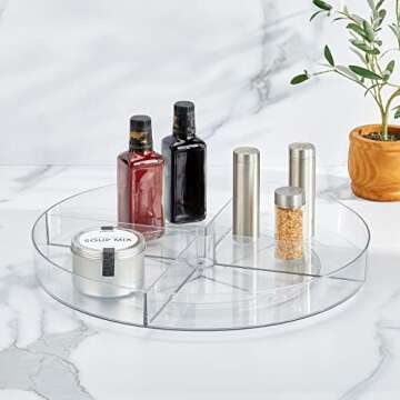 Nate Home by Nate Berkus 18-Inch Divided Turntable Organizer | Large Plastic Lazy Susan, with 4 Compartments for Kitchen Cabinet or Pantry from mDesign - Clear