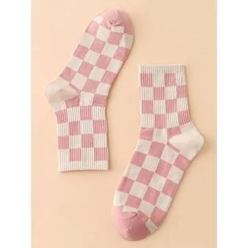 OYOANGLE Women's Cute Plaid Print Knit Ankle Crew Socks - Soft Casual Colorblock Pattern