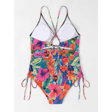 WDIRARA Women's Plus Size Floral Print Swimsuit Cut Out Drawstring One Piece Monokini Multicolored 3XL