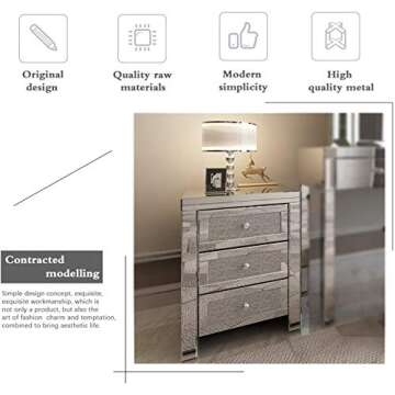 mecor Mirrored Nightstand, Set of 2 Side Tables, Living Room Table Sets, End Tables 3 Drawers Mirror Accent Side Tables Silver Finished Nightstands for Bedroom, Living Room, Crystal Silver