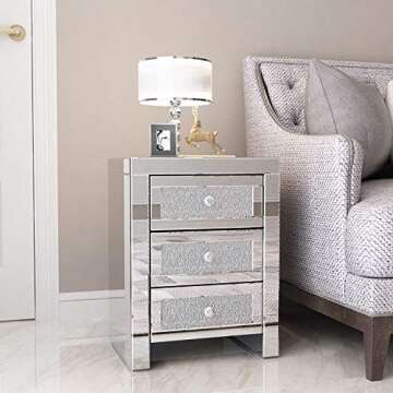 mecor Mirrored Nightstand, Set of 2 Side Tables, Living Room Table Sets, End Tables 3 Drawers Mirror Accent Side Tables Silver Finished Nightstands for Bedroom, Living Room, Crystal Silver
