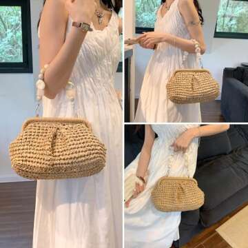 Extolove Straw Clutch Purses for Women, Summer Woven Dumpling Bag Straw Beach Clutch Handbags (Khaki)