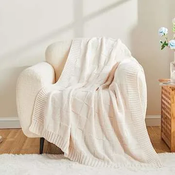 CozeCube Knit Throw, Soft Cozy Knitted Blanket for Bed Sofa, Decorative Spring Fall Throw 50"X60", Cream White