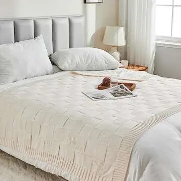 CozeCube Knit Throw, Soft Cozy Knitted Blanket for Bed Sofa, Decorative Spring Fall Throw 50"X60", Cream White