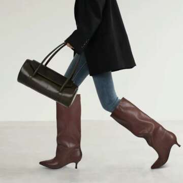 MIRAAZZURRA Brown Kitten Heel Boots Knee High Boots Brown Low Heel Pointed Toe Tall Boots Pull on Fashion Long Boots for Women 6