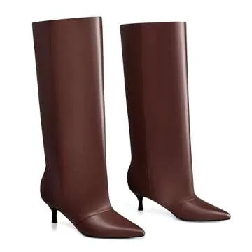 MIRAAZZURRA Brown Kitten Heel Boots Knee High Boots Brown Low Heel Pointed Toe Tall Boots Pull on Fashion Long Boots for Women 6