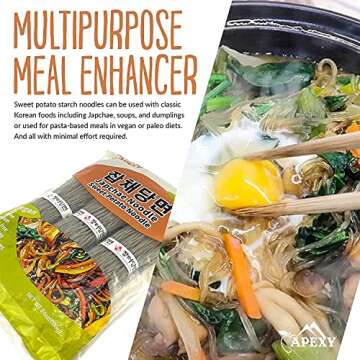 APEXY Sweet Potato Glass Noodles, Japchae Noodles, Korean Vermicelli Pasta, Fat-free and Gluten-free, 100% Sweet Potato Starch, No Additive, No Alum inside, 24oz (680g)