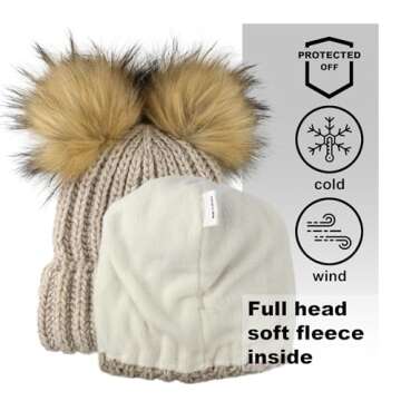 niceacsrise Braxton Beanie Women - 2 Pom Cable Knit Winter Warm Fleece Hat - Wool Snow Cuff Brown Ski Cap