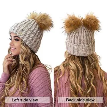 niceacsrise Braxton Beanie Women - 2 Pom Cable Knit Winter Warm Fleece Hat - Wool Snow Cuff Brown Ski Cap