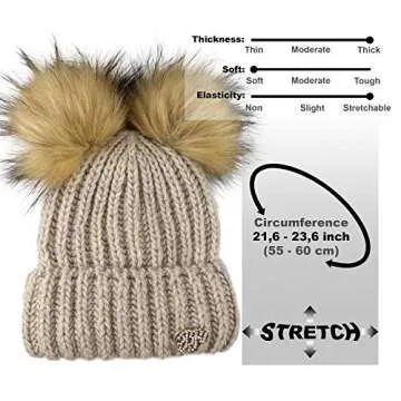 niceacsrise Braxton Beanie Women - 2 Pom Cable Knit Winter Warm Fleece Hat - Wool Snow Cuff Brown Ski Cap