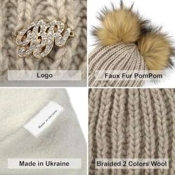 niceacsrise Braxton Beanie Women - 2 Pom Cable Knit Winter Warm Fleece Hat - Wool Snow Cuff Brown Ski Cap