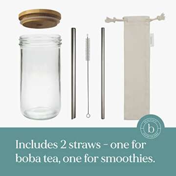 brimley 20oz Glass Boba Bubble Tea Cup with Bamboo Lid, 2 Pack - Reusable Smoothie Cups/Glass Coffee Cups with Lids and Straw - Wide Mouth Glass Tumbler with 2 Sizes of Stainless Steel Straws