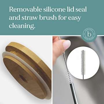 brimley 20oz Glass Boba Bubble Tea Cup with Bamboo Lid, 2 Pack - Reusable Smoothie Cups/Glass Coffee Cups with Lids and Straw - Wide Mouth Glass Tumbler with 2 Sizes of Stainless Steel Straws