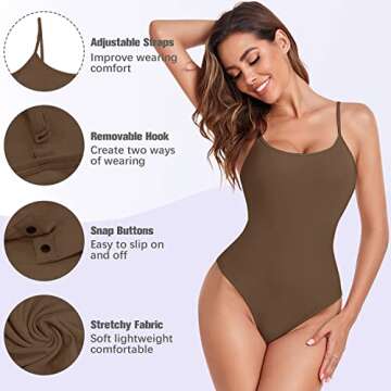 KIKIMINK Women's 3 Piece Bodysuit Sexy Ribbed Sleeveless Camisole Tops Thong Bodysuits Adjustable Spaghetti Strap Jumpsuit - Black/White/Coffee S