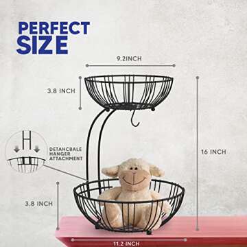 RICCLE Fruit Basket For Kitchen Counter - Fruit Basket With Banana Hanger - Double Layer Metal Wire ...