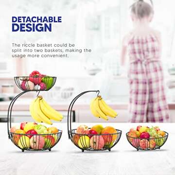 RICCLE Fruit Basket For Kitchen Counter - Fruit Basket With Banana Hanger - Double Layer Metal Wire Fruit Bowl For Kitchen Countertop - Fruit Holder For Produce, Vegetables, Kitchen