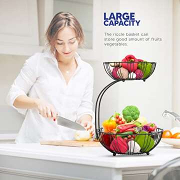 RICCLE Fruit Basket For Kitchen Counter - Fruit Basket With Banana Hanger - Double Layer Metal Wire Fruit Bowl For Kitchen Countertop - Fruit Holder For Produce, Vegetables, Kitchen