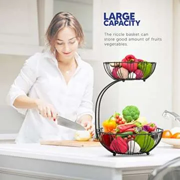 RICCLE Fruit Basket For Kitchen Counter - Fruit Basket With Banana Hanger - Double Layer Metal Wire Fruit Bowl For Kitchen Countertop - Fruit Holder For Produce, Vegetables, Kitchen