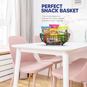 RICCLE Fruit Basket For Kitchen Counter - Fruit Basket With Banana Hanger - Double Layer Metal Wire Fruit Bowl For Kitchen Countertop - Fruit Holder For Produce, Vegetables, Kitchen