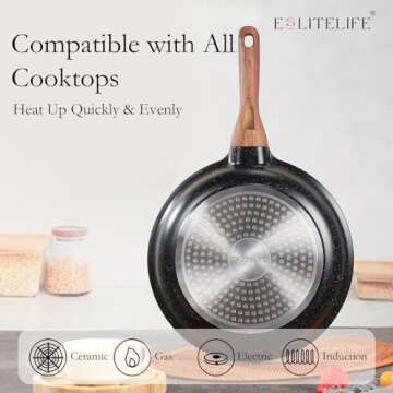 ESLITE LIFE Nonstick Ceramic Frying Pan Skillet, Non-Toxic Egg Omelette Kitchen Cooking Pans Compatible with All Stovetops (Gas, Electric & Induction), PTFE & PFOA Free (Black, 8'')