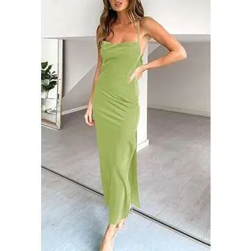 Gadylia Womens Spaghetti Strap Stain Dress High Slits Cowl Neck Cocktail Party 2023 Summer Midi Dresses Light Green