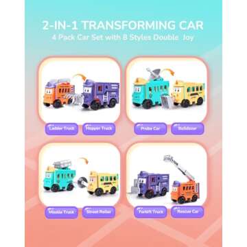 Kimiangel Toy Trucks for Kids 3-5, 4 Pack Pull Back Toy Cars, 2 in 1 Transformer Playmobiles for Chi...