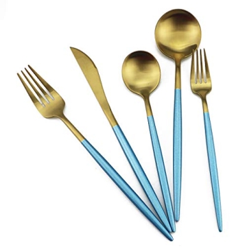 Gugrida Blue Gold Flatware - Luxurious 5 Piece Stainless Steel Set for All Occasions