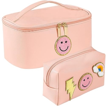 WALONER Cute Preppy Patch Makeup Bag Set - 2 Pack