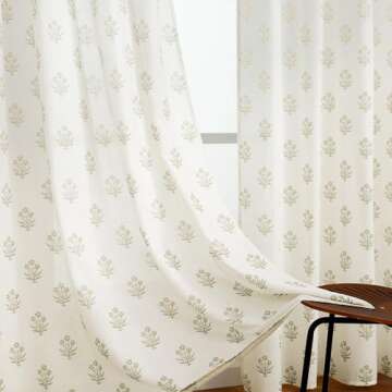 Beige Curtains for Living Room,French Country Sheer Linen Boho Floral Pattern Modern Farmhouse Dining Room Curtains 84 Inch Length 2 Panels Set