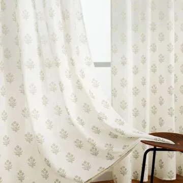 Beige Curtains for Living Room,French Country Sheer Linen Boho Floral Pattern Modern Farmhouse Dining Room Curtains 84 Inch Length 2 Panels Set