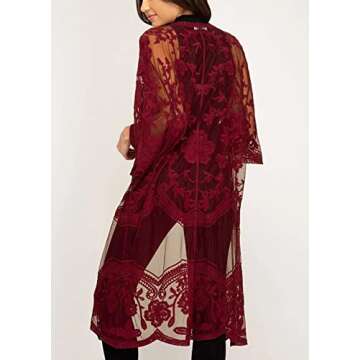 FaroDor Women's Long Flowy Lace Kimono Cardigan Boho Style Summer Beach Open Cover Ups Wind Red