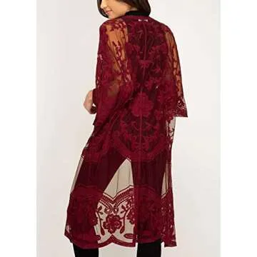 FaroDor Women's Long Flowy Lace Kimono Cardigan Boho Style Summer Beach Open Cover Ups Wind Red