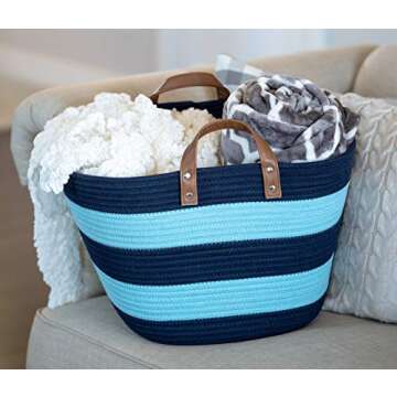 Sweetzer & Orange Large Woven Cotton Rope Storage Basket (Vegan Handles) - Blanket Storage Baskets, Laundry Basket, Toy Storage, Nursery Hamper - Decorative Blue Stripe Basket for Living Room