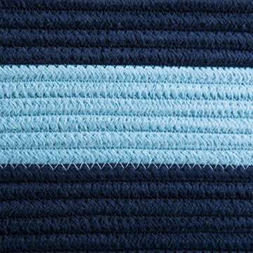 Sweetzer & Orange Large Woven Cotton Rope Storage Basket (Vegan Handles) - Blanket Storage Baskets, Laundry Basket, Toy Storage, Nursery Hamper - Decorative Blue Stripe Basket for Living Room