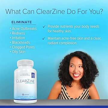 ClearZine Acne Pills for Teens & Adults | Clear Skin Supplement, Vitamins for Hormonal & Cystic Acne, 90 Caps