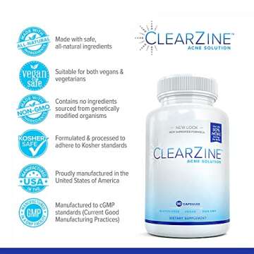 ClearZine Acne Pills for Teens & Adults | Clear Skin Supplement, Vitamins for Hormonal & Cystic Acne, 90 Caps