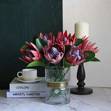 Tinsow Artificial Protea Cynaroides for Flower Arrangements, Faux Protea for Table Decoration Centerpieces, 3 Pieces Silk Protea Bouquet for Wedding (3, Red)