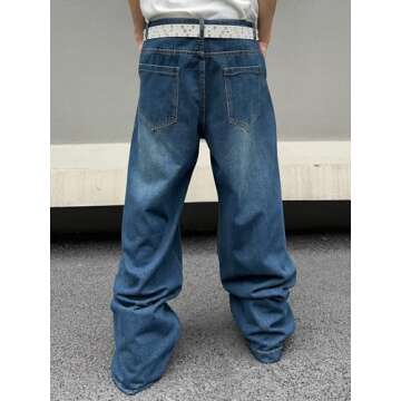 DFGIGT Men's Irregular Sutures Y2k Hip Hop Baggy Jeans Wide Leg Denim Pants Casual Loose Fit Trousers Streetwear Jinco Jeans 2000s Extreme Motion Relaxed Sport Skater Skateboard Dark,A10 Blue,Large