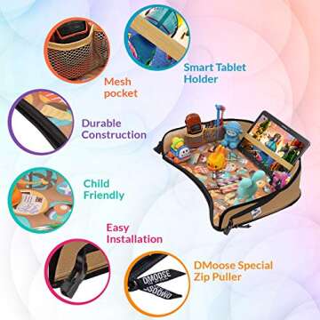 DMoose Kids Travel Tray, Toddler Car Seat Lap Activity Tray with Padded Comfort Base, Side Walls, Mesh Snack Pockets, Tablet Holder, Waterproof Car Seat, Stroller, Airplane Play and Learn Area (Black)