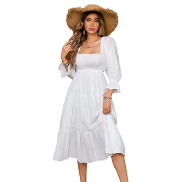 R.Vivimos Women's Summer Cotton Polka Dots Puff Sleeves Bow Casual Off-Shoulder Boho Midi Dress (Med...