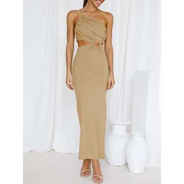 ANRABESS Women Summer One Shoulder Sleeveless Maxi Dress Cutout Sexy Bodycon Semi Formal Dinner Date Vacation Dresses Khaki Medium