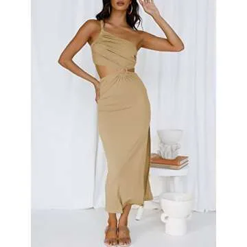 ANRABESS Women Summer One Shoulder Sleeveless Maxi Dress Cutout Sexy Bodycon Semi Formal Dinner Date Vacation Dresses Khaki Medium