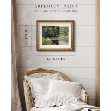 ARPEOTCY Vintage Gold Framed Wall Art, Nature Streamside Retro Paintings, Canvas Prints Artwork with Antique Frame, Victorian Wall Pictures Decor for Living Room Gallery Room 13x16 inch
