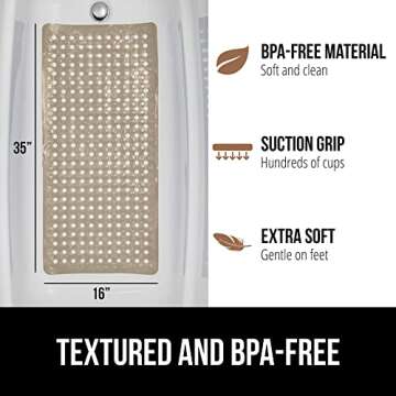 GORILLA GRIP Patented Bath Tub Shower Mat, 35"x16" Washable Bathtub Floor Mats, Suction Cups and Drain Holes to Keep Tubs Clean, Beige