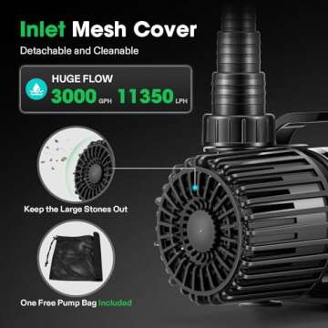 VIVOSUN 3000 GPH Submersible Water Pump with Barrier Bag, 150W Pond Pump, Ultra Quiet Aquarium Pump ...