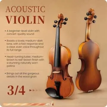 Fesley Violin Fiddle Beginner Set: 3/4 Matt Violin Kit for Student, Acoustic Violin with Hard Case, Solidwood Hand Made Violin Starter Kit with Violin Bow, Rosin, Shoulder Rest, Tuner, Extra Strings