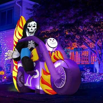 GOOSH 6 FT Halloween Inflatable Reaper Motorcycle Outdoor Decorations Blow Up Yard Grim Reaper Motorbike with Built-in LEDs for Outdoor Garden Lawn Party Decor