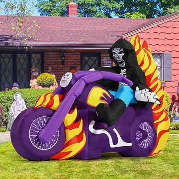 GOOSH 6 FT Halloween Inflatable Reaper Motorcycle Outdoor Decorations Blow Up Yard Grim Reaper Motorbike with Built-in LEDs for Outdoor Garden Lawn Party Decor